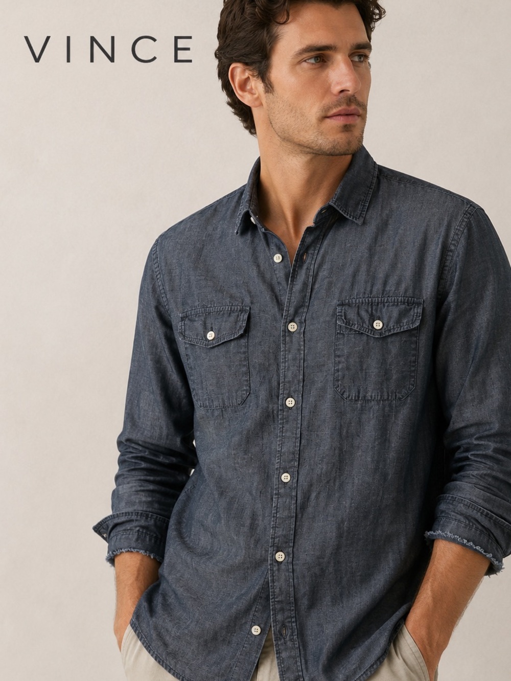 VINCE Organic Cotton Chambray Denim Button Down Shirt Men’s Size L Luxury

VINCE